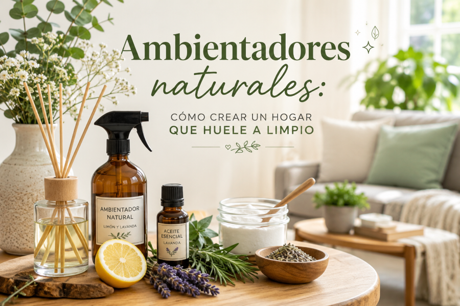 Ambientadores naturales caseros con aceites esenciales, limón y lavanda sobre una mesa de madera en un salón luminoso y acogedor.